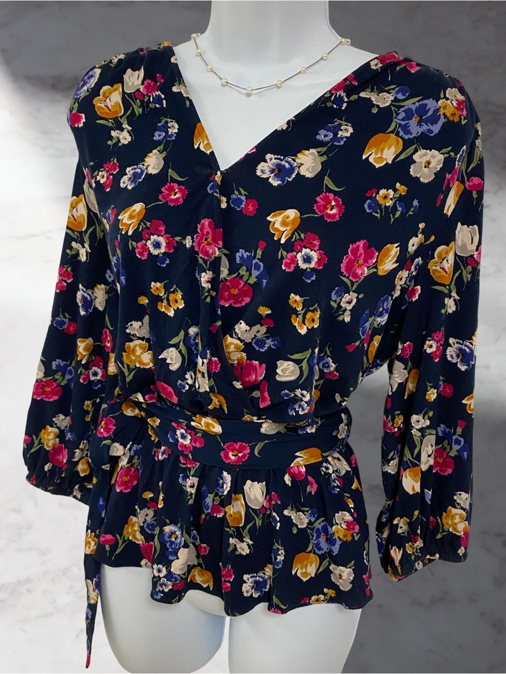 Lauren Ralph Lauren Navy Floral V-Neck Peplum Blouse, Medium